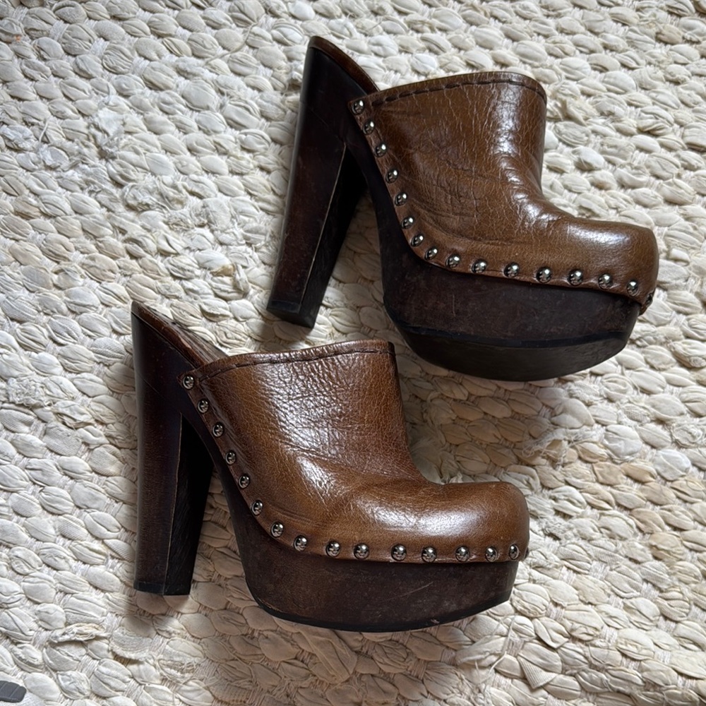Prada - size 37 - Brown Leather Mules with Wooden Platform - Picture 2 of 9
